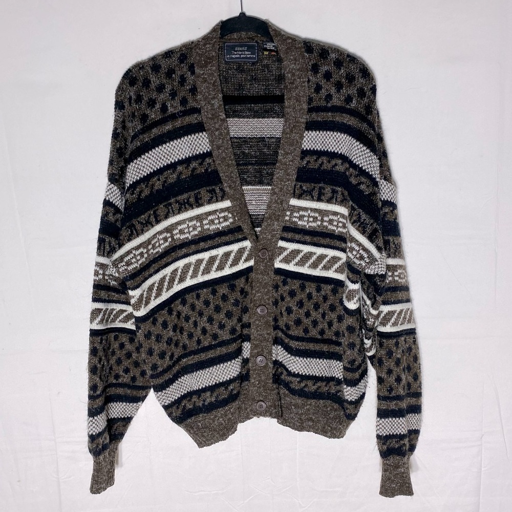 Vintage Sears The Men’s Store Brown Black White Striped Knit Button Up Cardigan